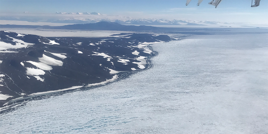 Aerial view of McMurdo Ice Shelf and Minna Bluff to the Royal Society Range, Antarctica