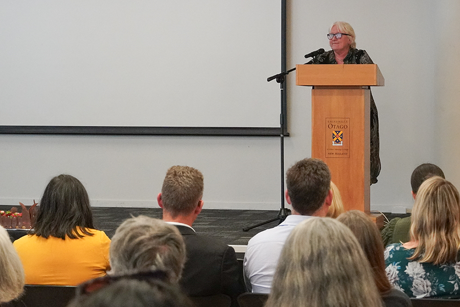 Career Development Centre manager Jackie Dean addresses crowd at the 50 years celebrations last Thursday. 