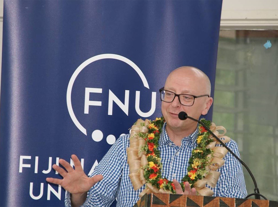 Tony Ballantyne speaking at the Natabua campus of Fiji National University 