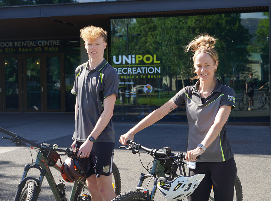 Unipol student employee Jacob Berquist and Marketing and Sustainability Leader Chris MacDonell show off some of the equipment that’s available to hire from the recreation centre.