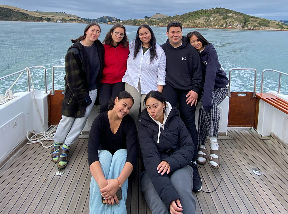 Returning from the PILSA camp on Quarantine Island, funded by the Law Dean's Innovation Fund, in 2024 is back from left: Anika Moetaua, Charlotte Leach, Seluvaia Ratoul, Cisco Andersen and Grace Ahdar. Front from left is  Genevieve Austin and Kiana Raeli.