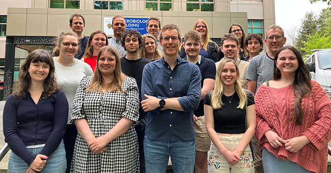 The Department of Microbiology and Immunology Phage-host interactions (Phi) laboratory, winners of this year’s Otago Research Group Award. Pictured back from left is, Simon Jackson, Jeremy Dubrulle, Nils Bukhultz, Nicola Mareshel, Leah Smith. Middle row: Natalie Kyte, Ella Redmond, Timothé Malaterre, Joel Heste, George Warren, David Mayo-Muñoz, Rob Fagerland. Front: Megan McLeod, Shaharn Cameron, Peter Fineran, Kate Harding, Holly Wakelin. Absent: Hazel Sisson.