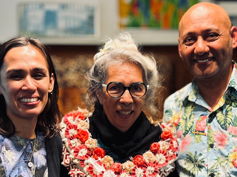 Outgoing Te Ao o Rongomaraeroa Māreikura and Co-Director Jenny Te Paa-Daniel poses with Te Tumu Dean Professor Patrick Vakaoti and Dr Vanisha Mishra-Vakaoti. 