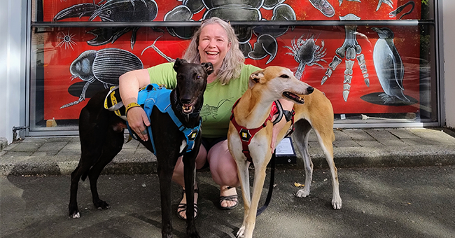 Stephanie Godfrey with greyhounds Doug and Tracy