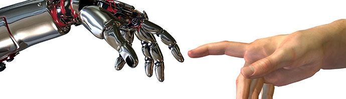 A picture of a robot hand and a human hand reaching out towards eachother