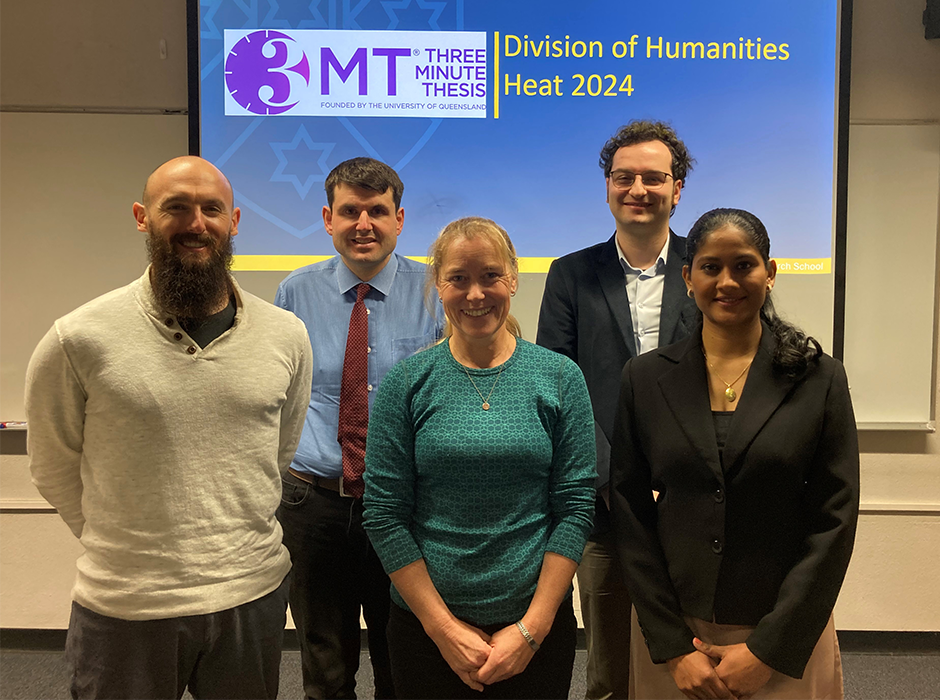 The Humanities 3MT speakers, from left Patrick Mazzocco, Geoffrey Miller, Shannon McNatty, Emre Ekici and  Kulani Wijayabahu.