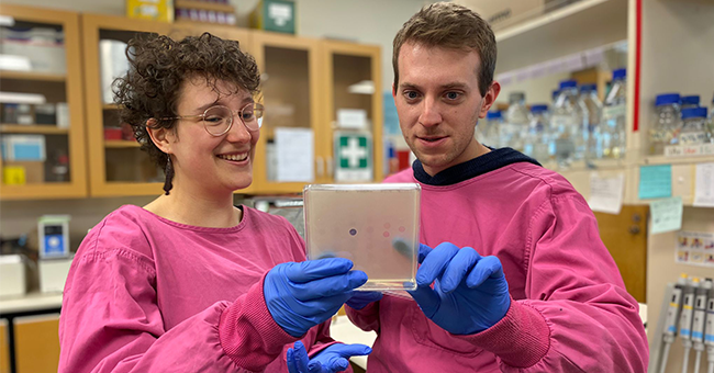 Dr Nils Birkholz and student Sarah de Roode at work in the Department of Microbiology and Immunology Fineran lab. 