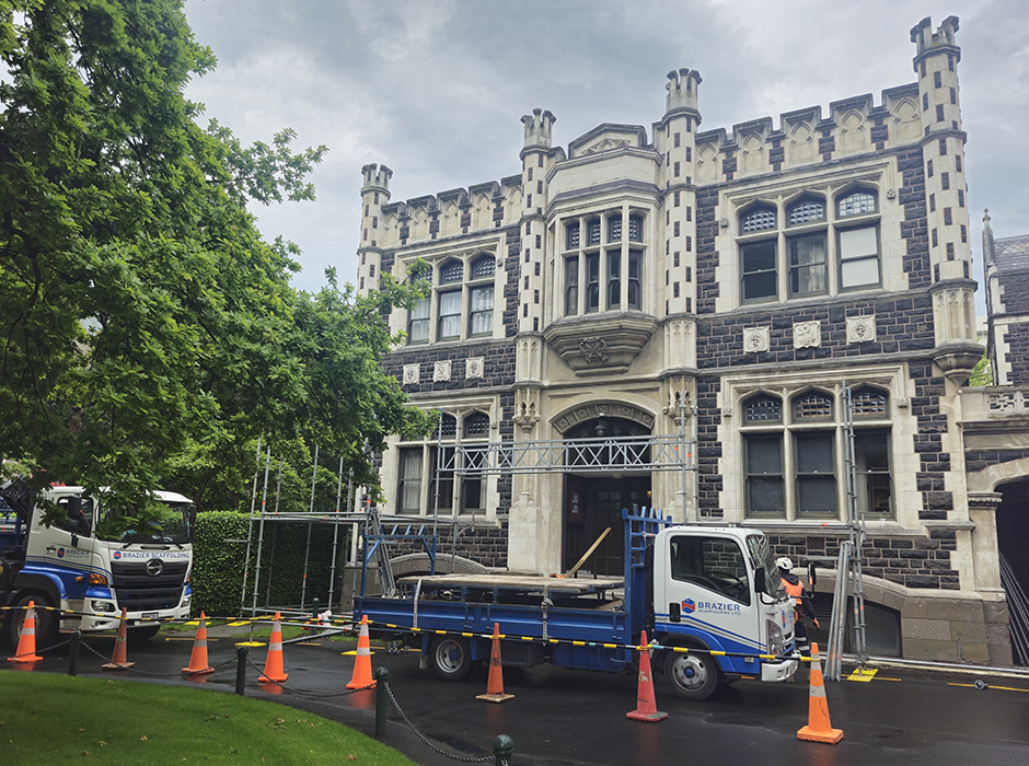 Scaffolding goes up around Marama Hall ahead of vital maintenance work on the Category 1 historic building.  