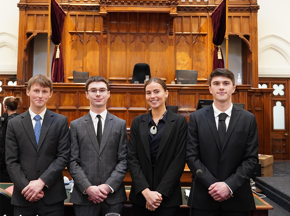 The finalists in the Otago student law moot, pictured from left are Oliver Thorns, Samuel Blackwood, Manawa Te Ahuru-Quinn and Samuel Walker. 