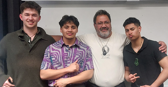 The Indigenous Case Competition dream team, from left, Lachlan Williams, Leuotele Tamati, coach Antonio Seiuli, and James Bennett.