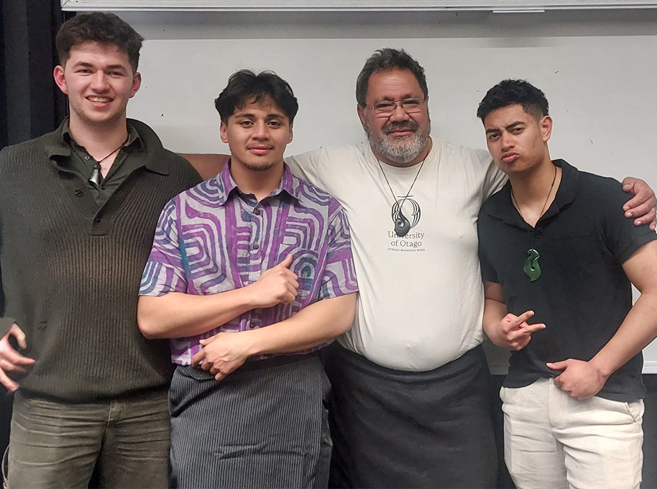 The Indigenous Case Competition dream team, from left, Lachlan Williams, Leuotele Tamati, coach Antonio Seiuli, and James Bennett.