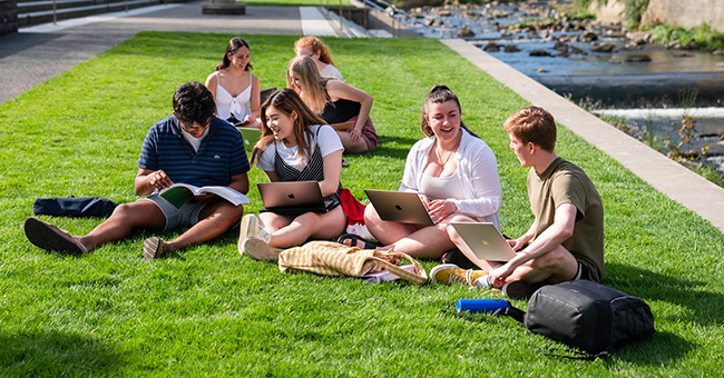 Students using laptops outside