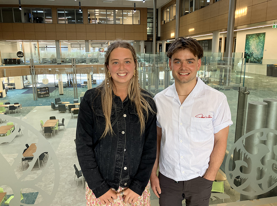 Abby Green and Alex Livingstone pictured in the Business School, wearing a certain post-Uni-degree (or barberry?) glow. 