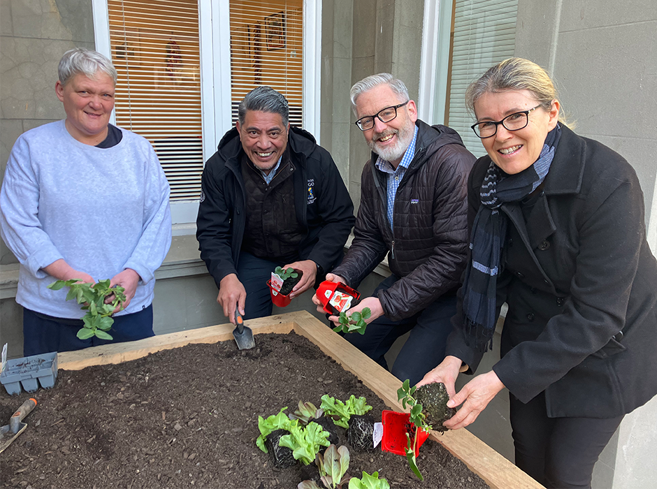 Hands on with starting a new garden … (from left) Department of Human Nutrition Professional Practice Fellow Nichola Agnew, Pacific Islands Centre manager Tagiilima Feleti, Sustainability Office Head Dr Ray O’Brien, and Department of Human Nutrition Senior Professional Practice Fellow Mary Spiers. 