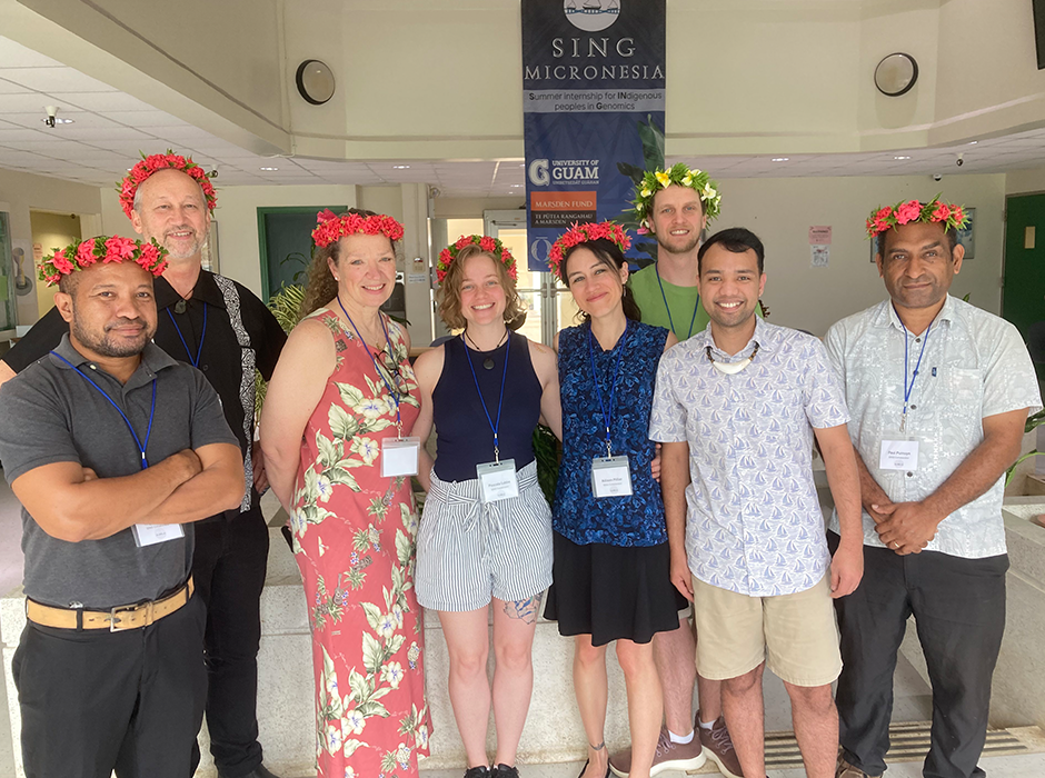 The University of Otago and University of Papua New Guinea (UPNG) team which attended SING Micronesia— from left to right: Nigani Willie, Phil Wilcox, Lisa Matisoo-Smith, Pascale Lubbe, Allison Miller, Murray Cadzow, Tristan Paulino and Paul Pumuye (UPNG). 