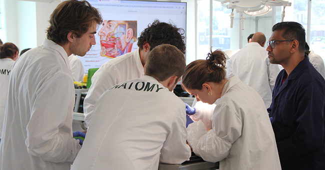 (From left) Felix Humphries, Seamus Leahy, Hector Law and Lucy Bellerby with Suranga Dassanayake in the new Otago School of Biomedical Sciences surgical skills suite. 