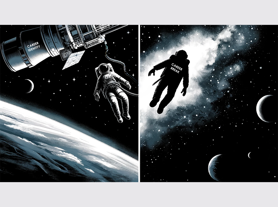 a black and white graphic image, on one half depicting an astronaut attached to a space craft which has the words career identity written on it, in the other half  an astronaut floating alone with career break written on them