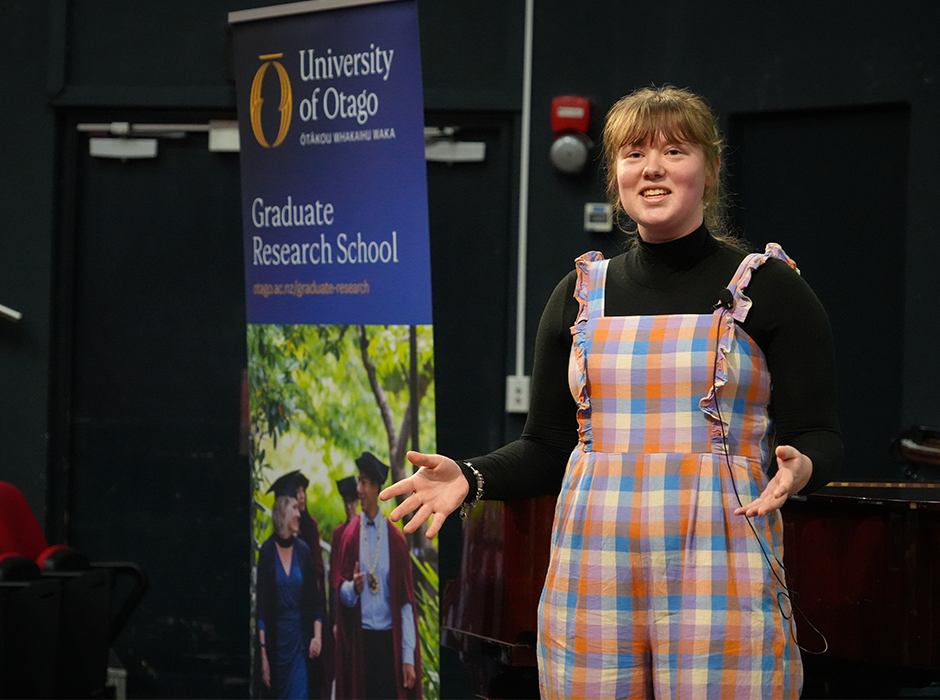 Human Nutrition student Briar Mills in action at the University’s Three Minute Thesis (3MT) competition this year. 