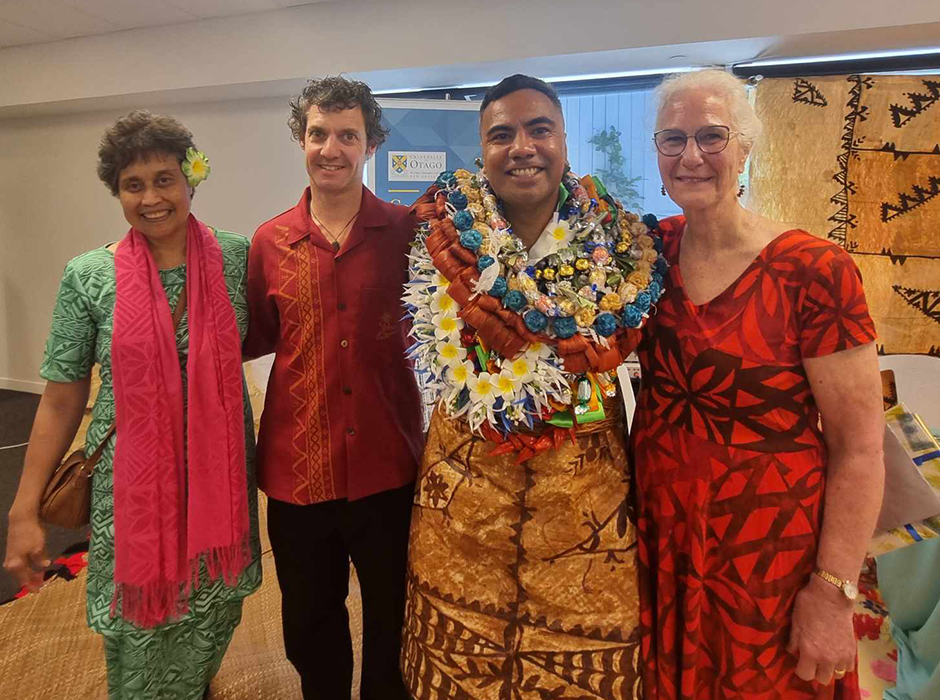 At Oka Sanerivi's PhD defence at the Samoan High Commission are, from left, Va’a o Tautai - Centre for Pacific Health Director Faumuina Professor Fa’afetai Sopoaga, School of Physiotherapy Clinical Education Programme Lead Chris Higgs, Oka Sanerivi, and School of Physiotherapy Dean Professor Leigh Hale. 