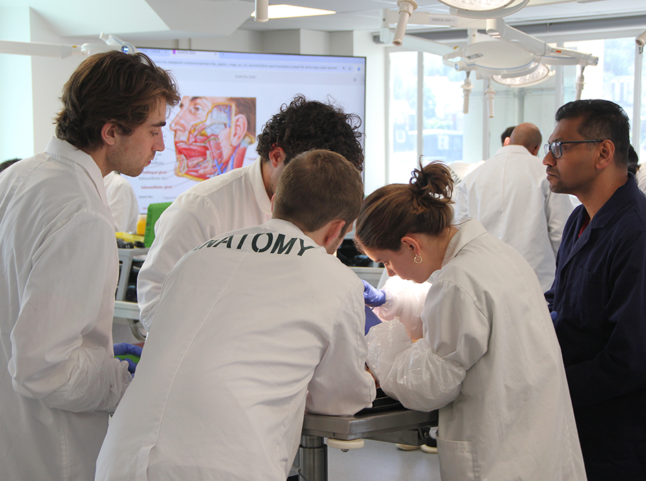 (From left) Felix Humphries, Seamus Leahy, Hector Law and Lucy Bellerby with Suranga Dassanayake in the new Otago School of Biomedical Sciences surgical skills suite. 