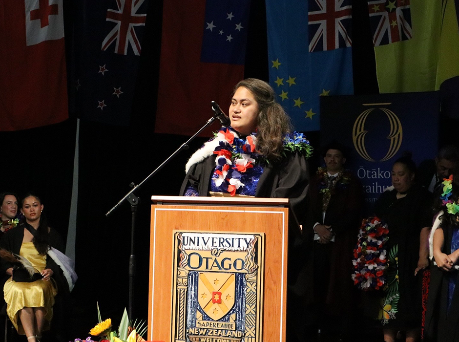 Ruby Tukia addresses the crowd at the Pacific graduation breakfast on Saturday. 