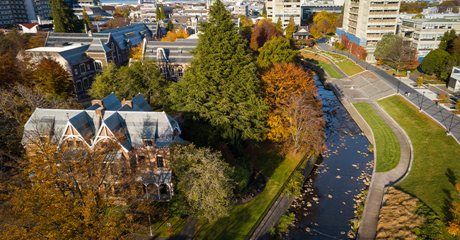 aerial shot of clocktower and leith river 