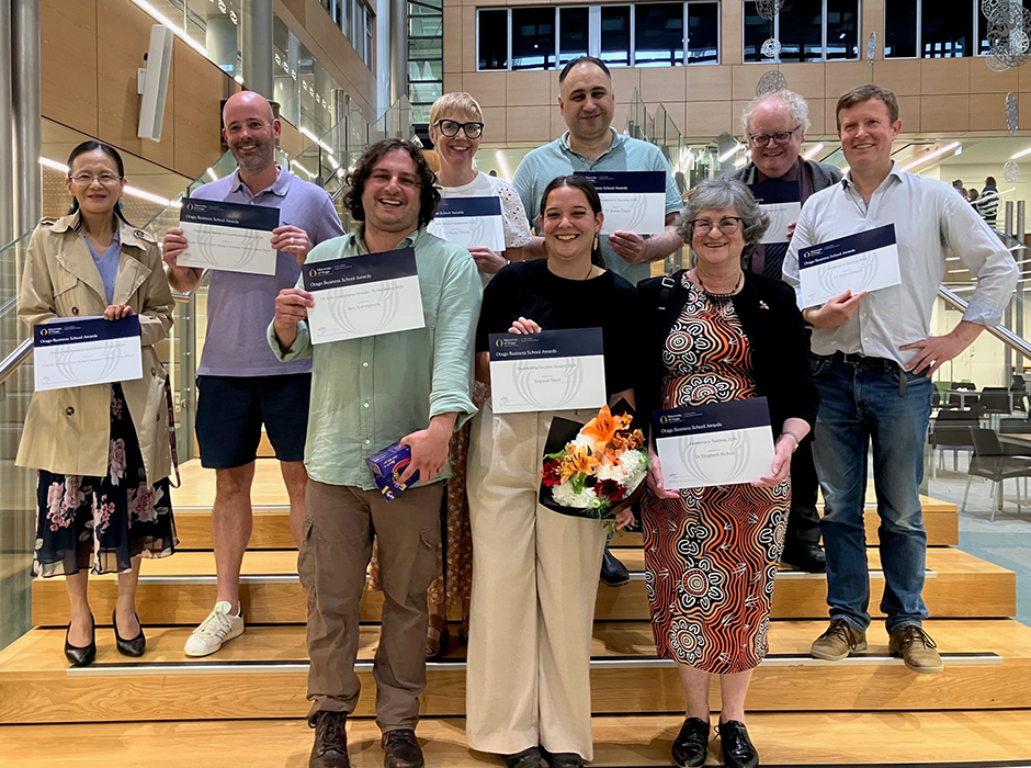 Some of the OBS winners: Back row: Associate Professor Annie Zhang, Associate Professor Conor O'Kane, Dr Paula O'Kane, Dr Murat Üngör, Stephen Hall-Jones, Dr Peter Gibbard. Front row: Ben Sommerville, Sequoia Short, Dr Elizabeth Nichols. 