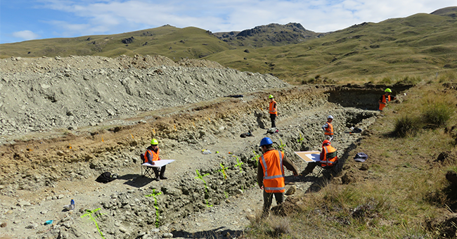 Researchers analyse layers in a trench near the Nevis-Cardrona Fault. 