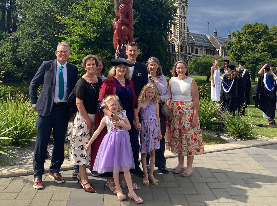 Michelle on graduation day with her family, from the left are her parents Mark and Joss Willyams, sister Jenny Denley, Michelle, husband Tim Walker, mother-in-law Jenny Aimers, sister Kate Calder, and daughters Olivia and Elizabeth. 