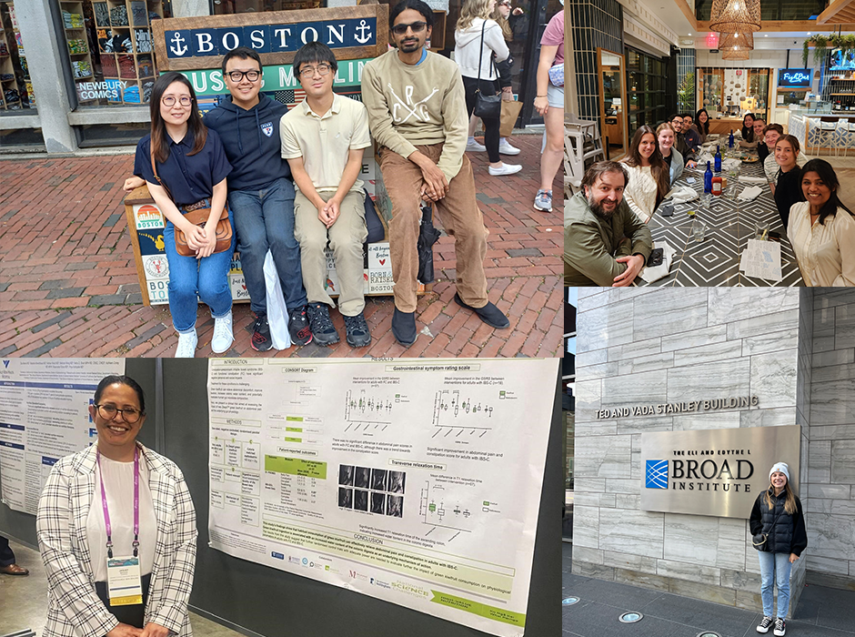 Clockwise, from top left: Dr Jessie Fu, Will Aye, Dr Charlie Chen and Arun Garimella from the Price Lab who mentored and supported Will during his stay in Boston; Sara Crellin and the Brain Stimulation Lab group from the Department of Behavioural Sciences and Psychiatry at Stanford University; Helena Abolins-Thompson at the Broad Institute of Harvard and MIT in Cambridge, Massachusetts; and Jasjot Maggo at Digestive Disease Week in Washington DC 2024.