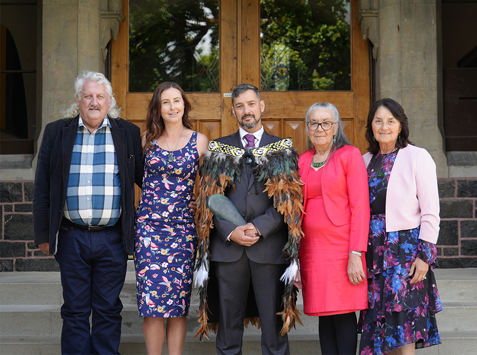 Carlton Irving (centre), who graduates with an MB ChB tomorrow, celebrates his achievement with his whānau (from left) father Peter, wife Jaime, mother Moana and aunty Hemaima Hughes. 