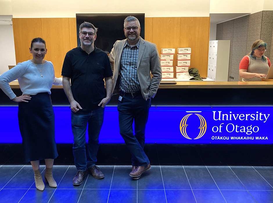 (Left to right) Director Property and Campus Development Tanya Syddall, Manager Project Delivery Wes Jenkins, and Chief Operating Officer Stephen Willis at the Plaza Building reception. 