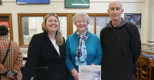 Celebrating the launch of a special issue of The Journal of the Royal Society of New Zealand is (from left) co-editor Dr Carolina Loch, Emeritus Professor Daphne Lee, and co-editor Dr Jeffrey Robinson.