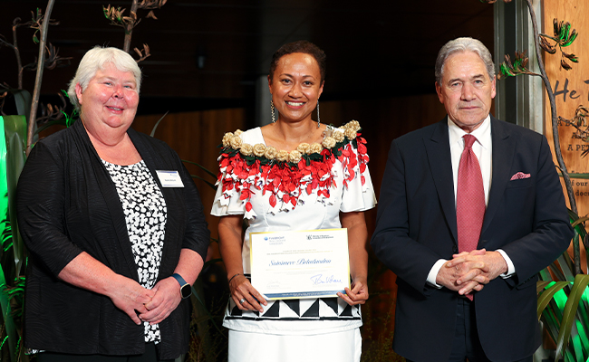 Otago alumna Dr Sainimere Boladuadua, United States Consul General Sarah Nelson, and Minister of Foreign Affairs and Honorary Chair of Fulbright NZ, Rt Hon Winston Peters.