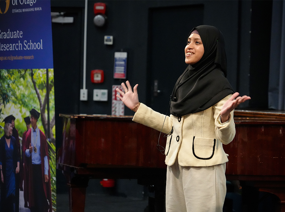 Arung on stage at the Grand Final, showing some of her expressive elan