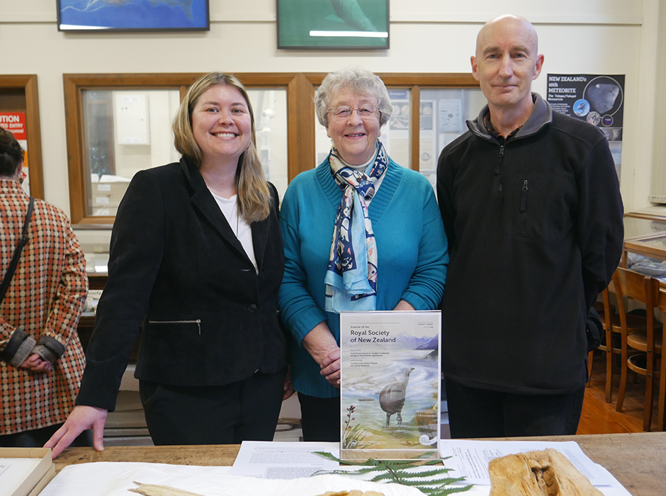 Celebrating the launch of a special issue of The Journal of the Royal Society of New Zealand is (from left) co-editor Dr Carolina Loch, Emeritus Professor Daphne Lee, and co-editor Dr Jeffrey Robinson.