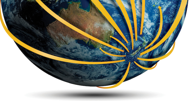 The earth as a globe with golden arrows emanating from New Zealand to various parts of the globe