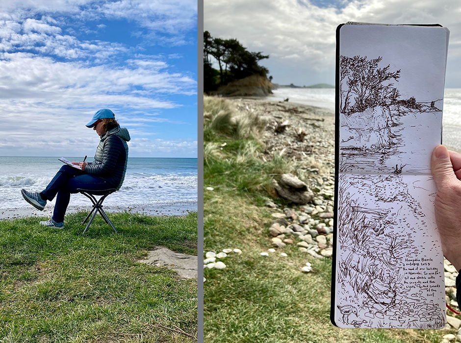 Jo sketching at Hampden beach