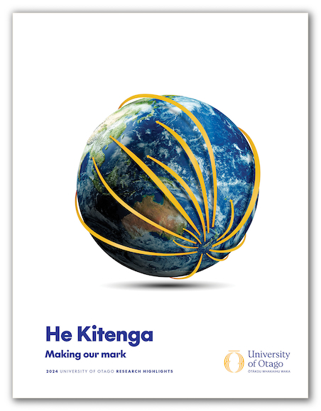 Front cover of the 2024 edition of He Kitenga featuring the earth with New Zealand connecting with golden arrows to many locations on the globe.