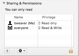 Screenshot of Sharing and Permissions setting in a Mac folder