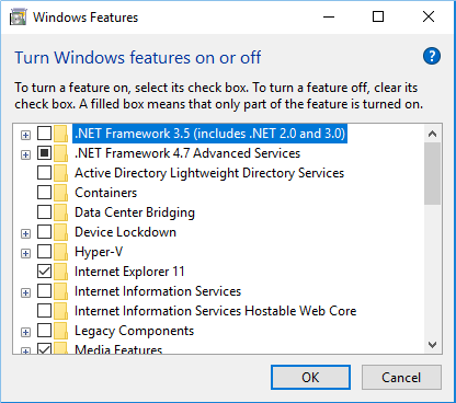 Screenshot of Hyper-V showing unselected in the Windows Features box